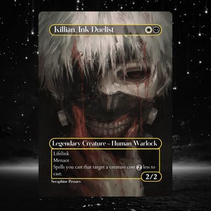 May include: A trading card featuring an illustration of Killian, Ink Duelist. The card has a dark background with a portrait of a character with white hair and a mask. Text includes "Legendary Creature - Human Warlock" and game mechanics.