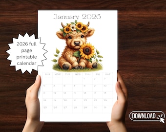 2026 Calendar - Highland Cows and Sunflowers printable calendar - 12 months of baby Highland Cows with Sunflowers