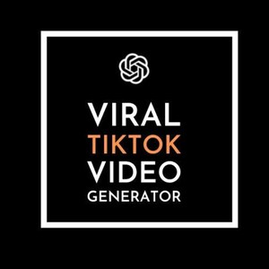 Peut inclure: Texte blanc sur fond noir dans un cadre carré blanc. Le texte indique "Viral TikTok Video Generator" avec un logo blanc stylisé au-dessus du texte.