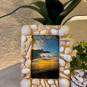 May include: A gold picture frame decorated with seashells. The frame is holding a photograph of a sunset over the ocean.