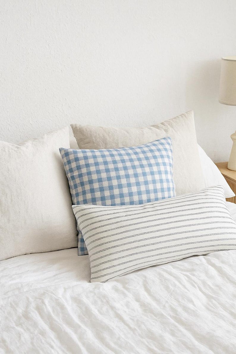 Farmhouse style blue and white check cushion cover