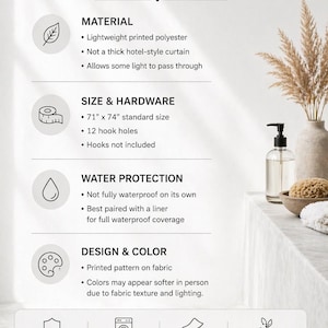 May include: An informational graphic titled BEFORE YOU BUY Shower Curtain Material Guide. It lists details: lightweight printed polyester, 71" x 74" size, 12 hook holes, not fully waterproof, machine washable, soft touch fabric, and printed patterns.