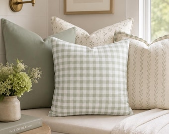 Funda de almohada a cuadros vichy verdes – Estampado a doble cara, cojín decorativo estilo granja, cojín a cuadros estilo casa de campo