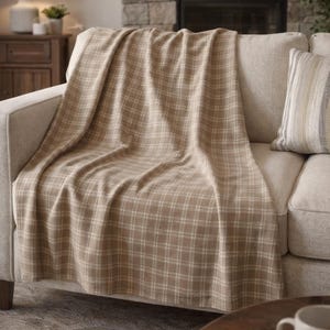 Neutral Windowpane Velveteen Plush Blanket, Cozy Lightweight Tan Plaid Throw for Couch & Bed, Soft Modern Farmhouse Throw Blanket