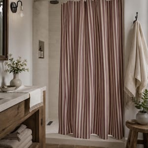 Classic pinstripe shower curtain with burgundy and neutral cream stripes, modern bathroom style