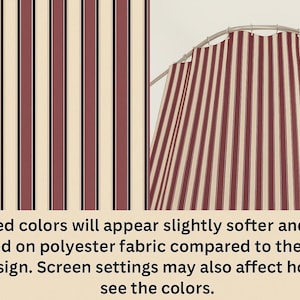 May include: A shower curtain featuring a vertical striped pattern in shades of deep red, black, and cream. The fabric hangs from a curved metal rod. The text states: Printed colors will appear slightly softer and more muted on polyester fabric compared to the digital design. Screen settings may also affect how you see the colors.