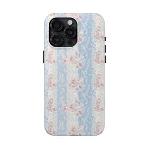 Blue Rose Lace iPhone Case – Shabby Chic Romantic Floral Phone Cover for iPhone 16 15 14 13 12 Pro Max, Feminine Patchwork Aesthetic