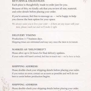 May include: A cream-colored page with the heading "FREQUENTLY ASKED QUESTIONS" and sections on returns, delivery, and shipping. Text includes details about order reviews, delivery times, and contacting customer service for assistance.