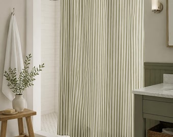 Rideau de douche à rayures vert sauge, décoration de salle de bain style ferme moderne, rideau en tissu Japandi à rayures verticales, rideau de douche vert neutre