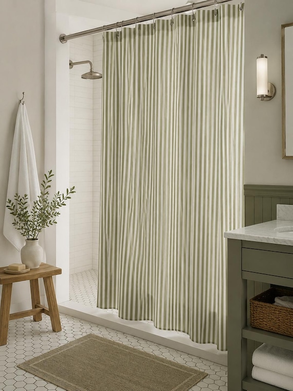 Sage Green Striped Shower Curtain, Modern Farmhouse Bathroom Decor, Vertical Stripe Japandi Fabric Curtain, Neutral Green Shower Curtain