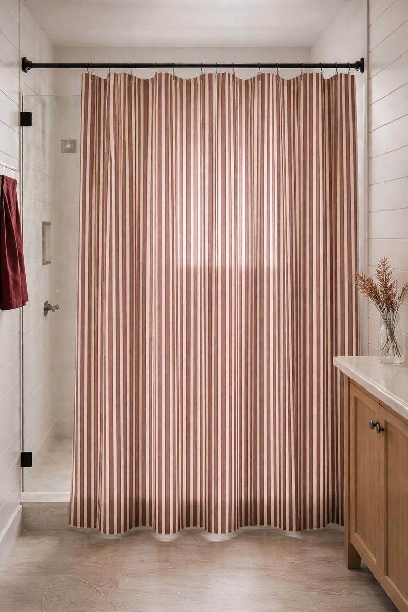 Classic pinstripe shower curtain with burgundy and neutral cream stripes, modern bathroom style
