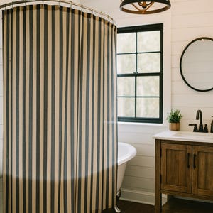 Black and Tan Stripe Shower Curtain, Modern Classic Bathroom Decor, Bold Minimalist Fabric Curtain, Chic Neutral Vertical Stripes