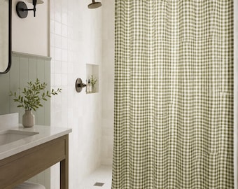 Rideau de douche à carreaux vichy vert olive, décoration de salle de bain style ferme champêtre, rideau en tissu à carreaux rustiques vintage