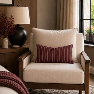 Burgundy Stripe Lumbar Pillow 14x20 with Insert, Wine Red & Cream Pinstripe Accent Cushion, Modern Farmhouse and Timeless Decor