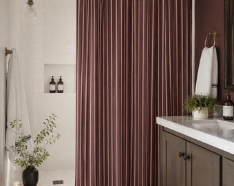 Red Wine Stripe Shower Curtain, Burgundy and Beige Modern Bathroom Decor, Elegant Warm Minimalist Fabric Curtain