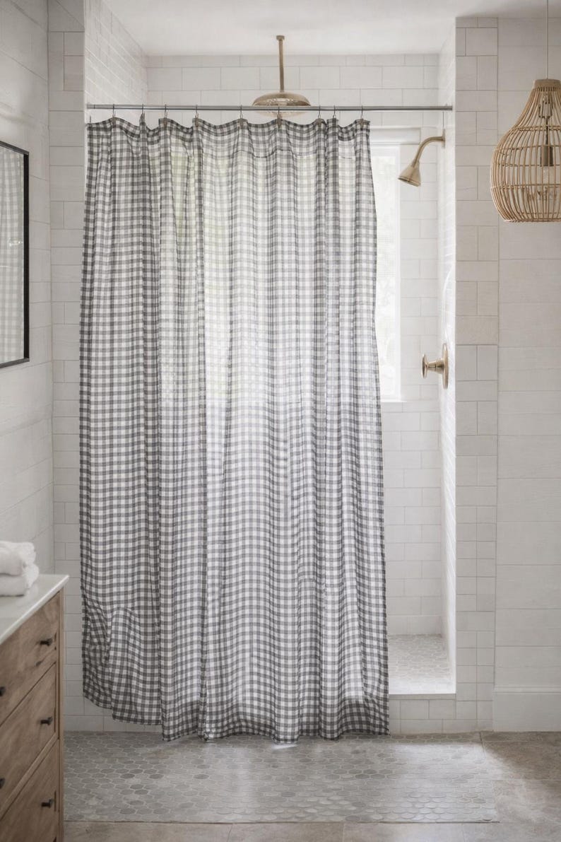 Elegant checkered shower curtain for contemporary bathroom