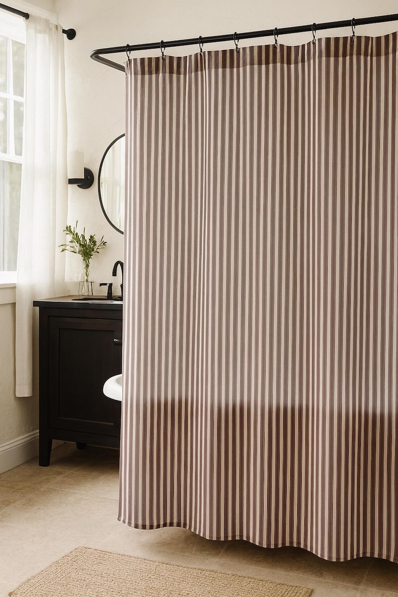 Modern vintage striped shower curtain in burgundy and beige for neutral bathrooms