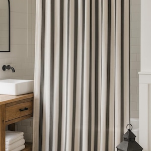 Dark Navy & White Striped Shower Curtain, Modern Farmhouse Bathroom Décor, Classic Minimalist Polyester Fabric with 12 Buttonholes, No Hooks