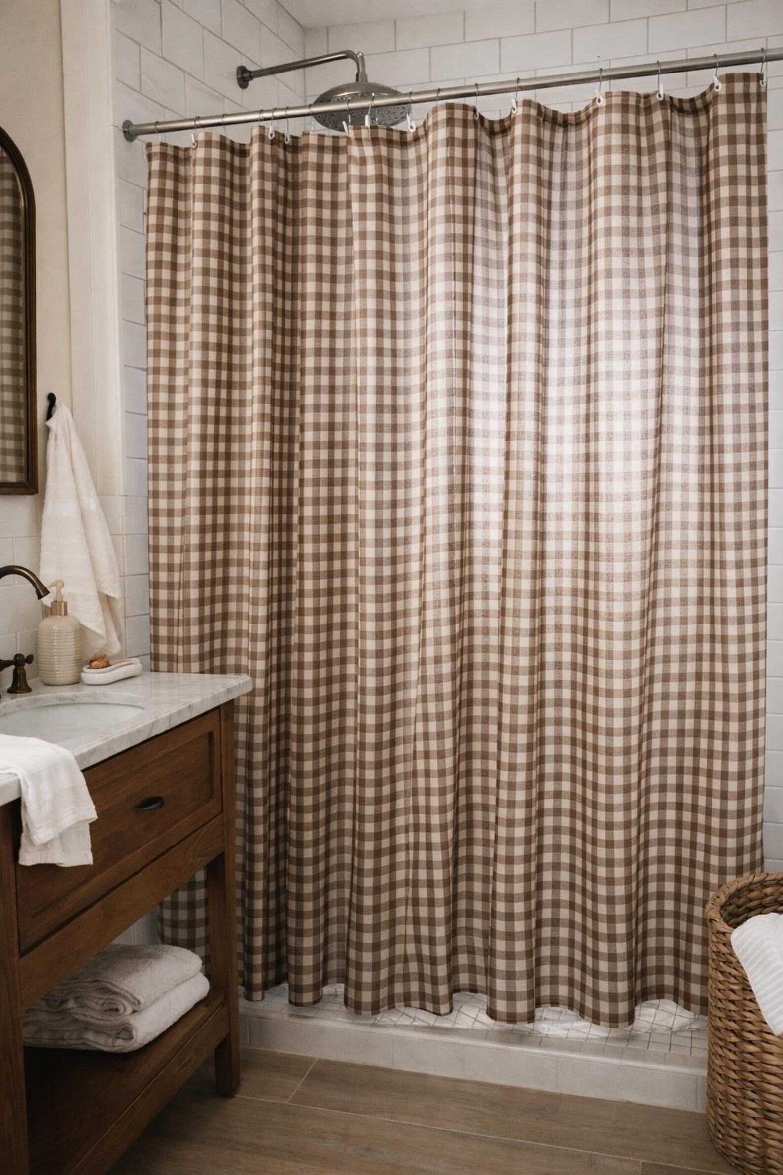 Brown Gingham Shower Curtain – Lightweight Neutral Farmhouse Bathroom