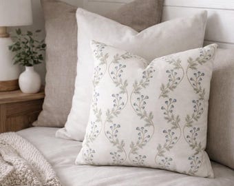 Blue Botanical Pillow Cover – French Country Cushion, Sage Green Floral Throw Pillow, Coastal Cottage Decor
