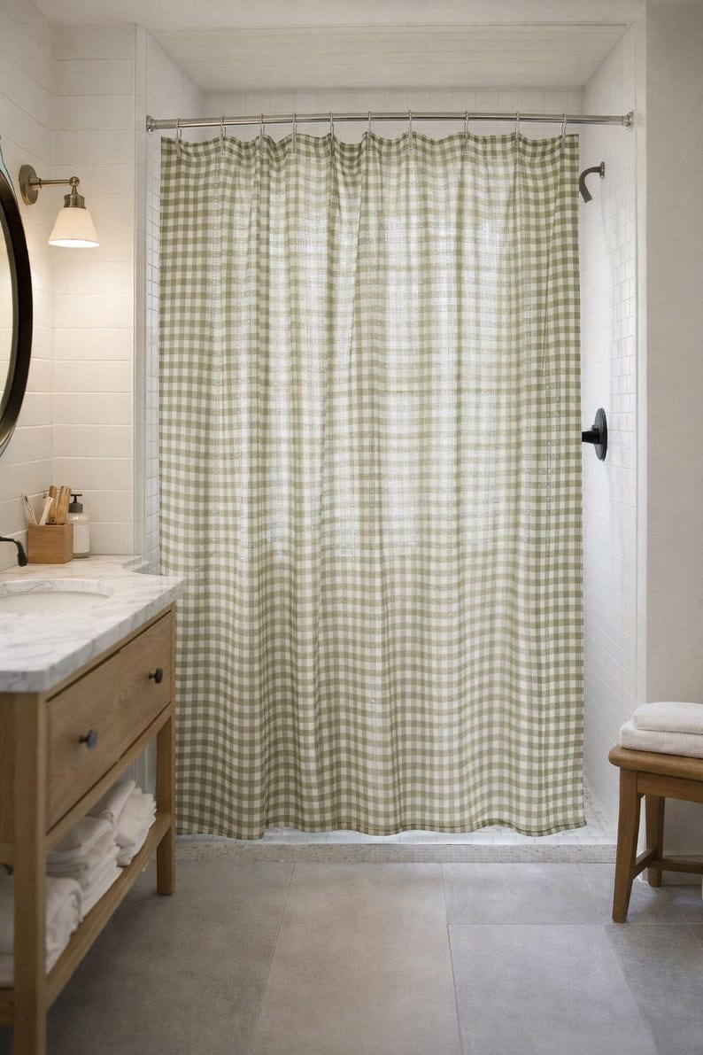 Cottagecore bathroom with green and white checkered shower curtain