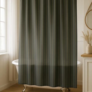 Dark Green and Beige Striped Shower Curtain, Modern Farmhouse Bathroom Decor, Moody Minimalist Stripe Curtain, Japandi Neutral Curtain