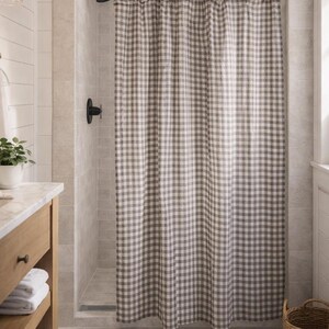 Minimalist grey gingham shower curtain for modern bath