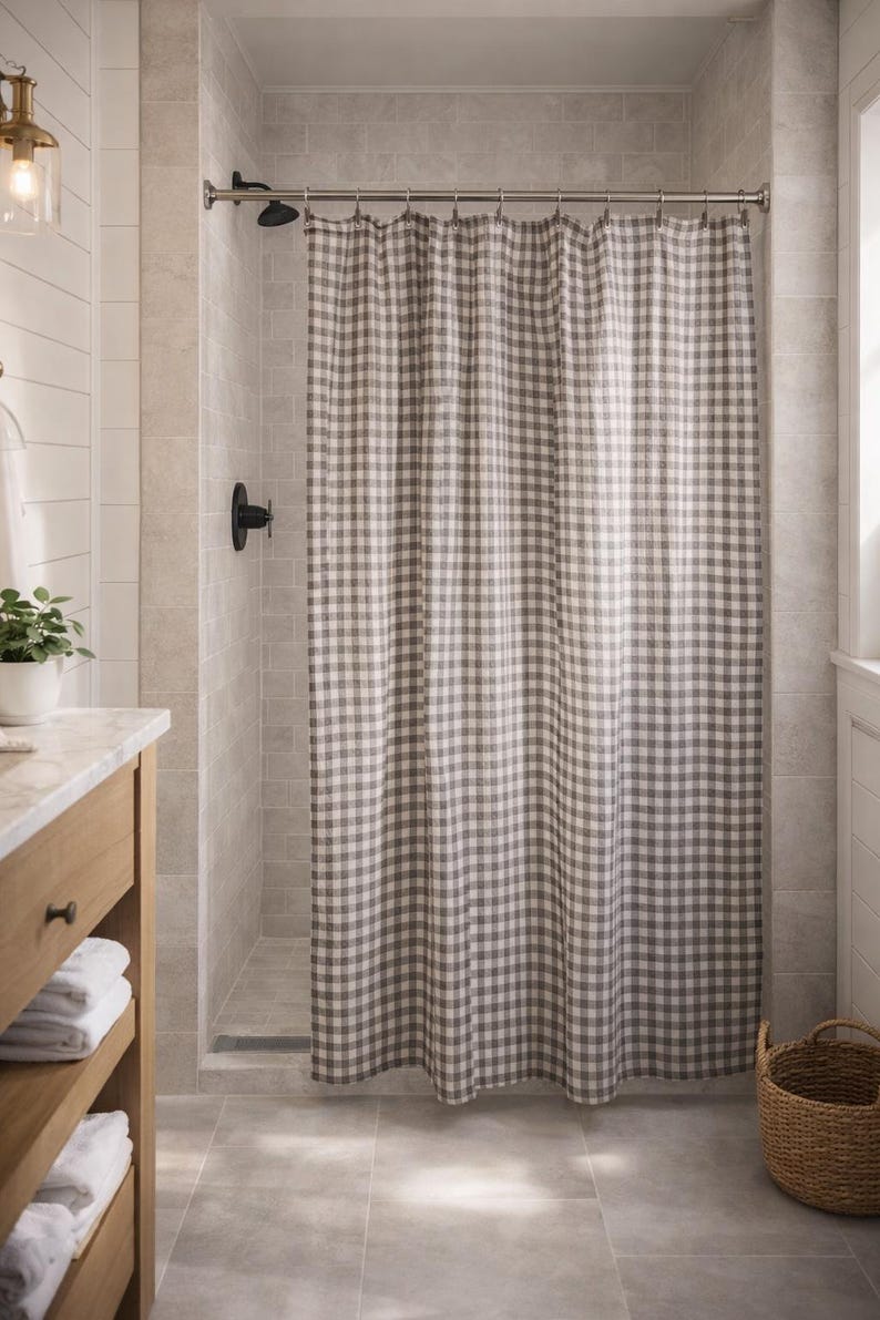 Minimalist grey gingham shower curtain for modern bath