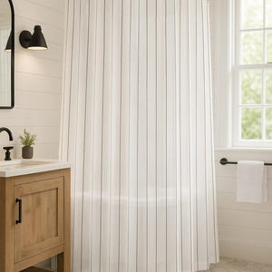 Black Dots Striped Shower Curtain, Modern Minimalist Bathroom Decor, Japandi Neutral Fabric Curtain, Elegant Vertical Pinstripes