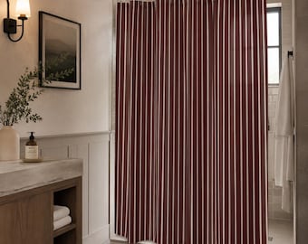 Burgundy Stripe Shower Curtain, Wine Burgundy & Beige Bathroom Curtain, Modern Minimalist Farmhouse Decor