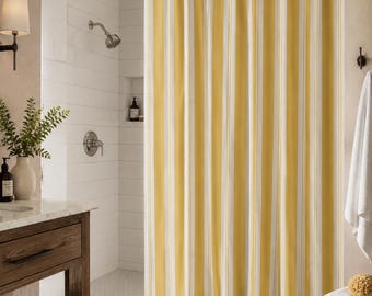 Mustard Yellow Striped Shower Curtain, Warm Yellow & Cream Bathroom Curtain, Modern Farmhouse Vertical Stripe Bath Decor