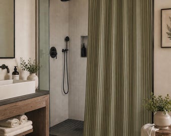 Green Stripes Shower Curtain, Modern Farmhouse Bathroom Decor, Japandi Minimalist Fabric Curtain, Elegant Neutral Stripe Design