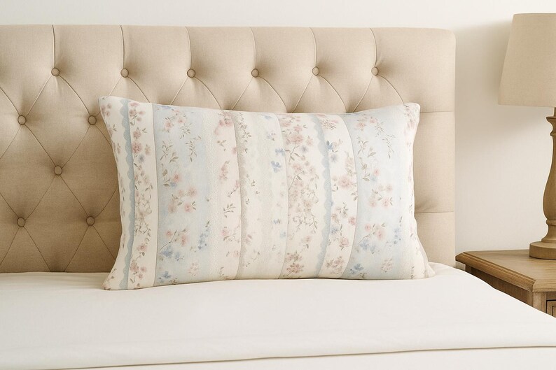 Pastel Floral Patchwork Lace Lumbar Pillow with Insert, Decorative Cottagecore Cushion Shabby Chic Lumbar Pillow for Sofa Bed 20” x 14”