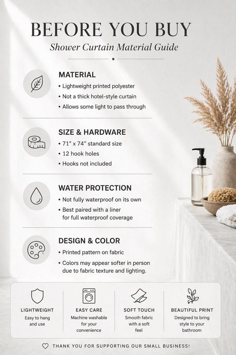 May include: Informative graphic detailing shower curtain material. The text includes material, size, water protection, and design information. The shower curtain is 71" x 74" (180 x 188 cm) with 12 hook holes. The text also mentions the fabric is lightweight printed polyester.