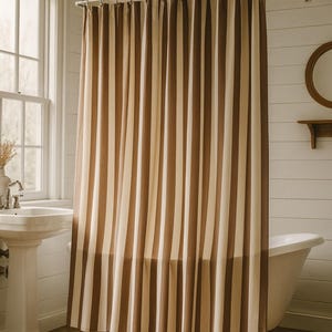 Brown Striped Shower Curtain, Modern Farmhouse Bathroom Decor, Chocolate and Mocha Vertical Stripe Curtain, 12 Hook Holes, Durable Polyester