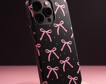 Coquette Black Pink Bows Aesthetic iPhone Case for iPhone 17 16 15 14 13 12 11 Pro Max, Cute Girly Aesthetic Cover, Chic Stylish Ribbon