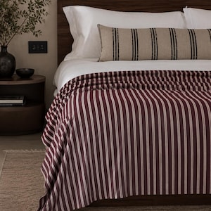 Dark Red and Cream Striped Velveteen Plush Throw Blanket, Cozy Thin Blanket for Scandinavian and Rustic Home Styling