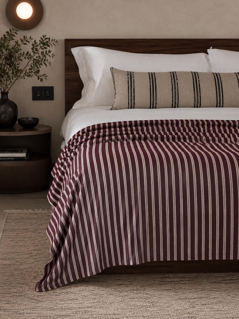 Dark Red and Cream Striped Velveteen Plush Throw Blanket, Cozy Thin Blanket for Scandinavian and Rustic Home Styling