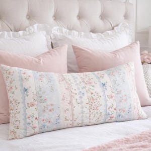 Vintage Pastel Floral Patchwork Lace Print Lumbar Pillow with Insert, Decorative Cottagecore Cushion Shabby Chic Lumbar Pillow 14 x20