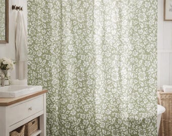 Rideau de douche floral vert, décoration de salle de bain botanique olive, rideau de douche floral cottage, rideau de salle de bain fleuri neutre vintage
