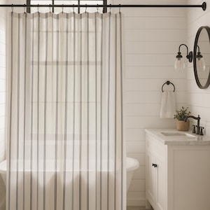 Black Striped Shower Curtain, Modern Farmhouse Bathroom Decor, Neutral Vertical Stripe Curtain, French Country Minimalist Shower Curtain