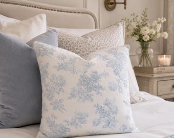 Soft Blue Toile Pillow Cover – French Country Decorative Cushion Case, Vintage Farmhouse Throw Pillow Cover, Multiple Sizes