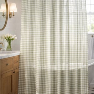 Olive green gingham shower curtain in farmhouse bathroom