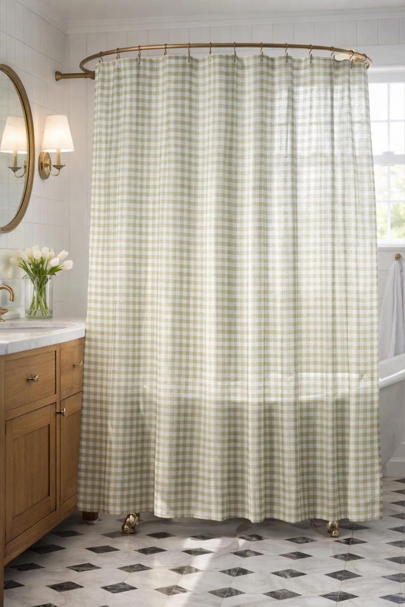 Olive green gingham shower curtain in farmhouse bathroom