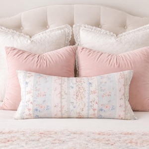 Cojín lumbar vintage con estampado floral pastel y encaje, 14 x 20 pulgadas, cojín decorativo estilo cottagecore shabby chic.