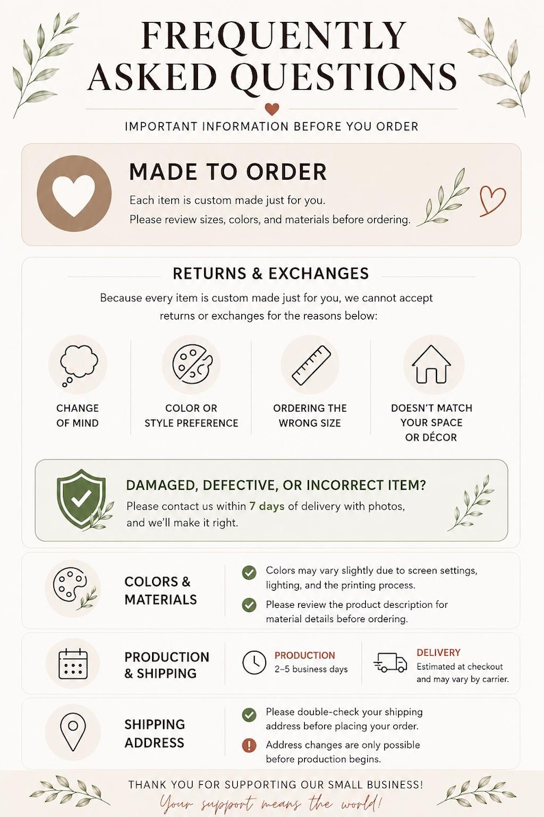 K&ouml;nnte beinhalten: Eine informative Grafik mit dem Titel FREQUENTLY ASKED QUESTIONS mit Abschnitten f&uuml;r MADE TO ORDER, RETURNS & EXCHANGES, DAMAGED ITEMS, COLORS & MATERIALS, PRODUCTION & SHIPPING und SHIPPING ADDRESS, mit Symbolen und Text auf hellem Grund.