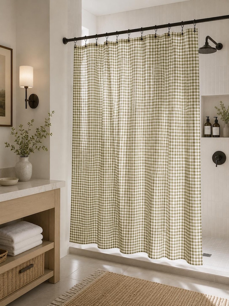Cottagecore bathroom with green and white checkered shower curtain