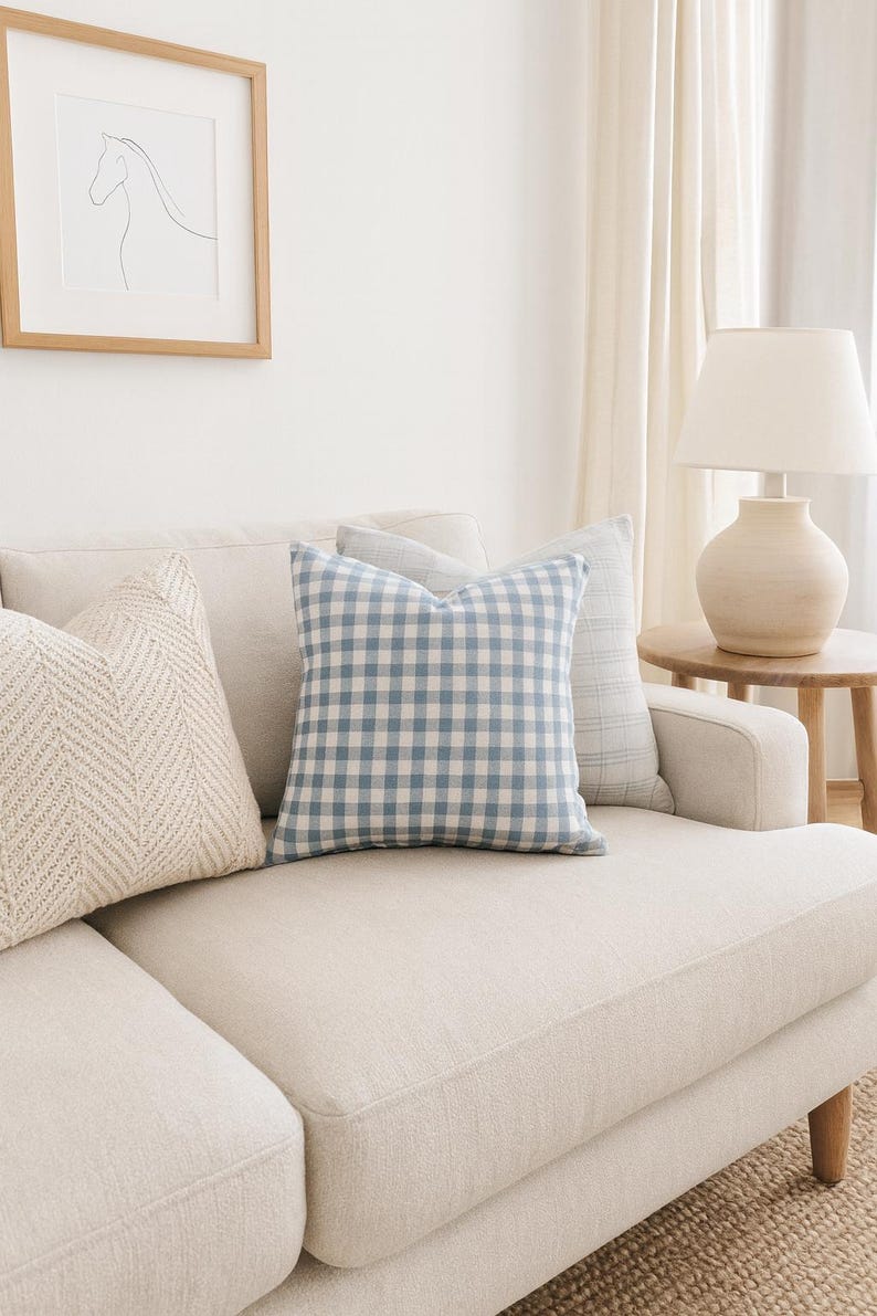 Minimalist blue white gingham pillow on a living room sofa