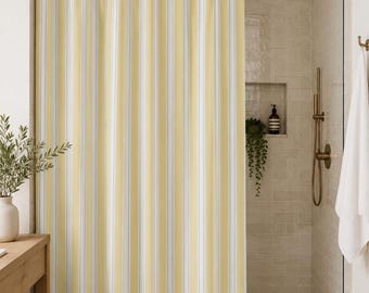 Yellow Striped Shower Curtain, Butter Yellow and Blue Pinstripe Bathroom Curtain, Coastal Cottage and Preppy Bath Decor