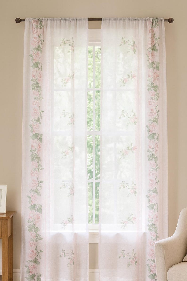 Pink Floral Striped Sheer Window Curtain – Feminine Shabby Chic ...